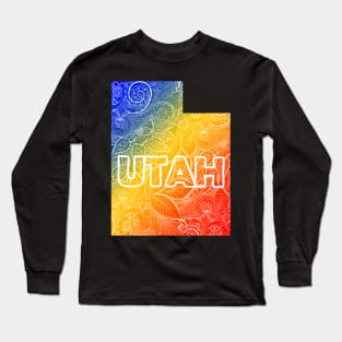 Colorful mandala art map of Utah with text in blue, yellow, and red Long Sleeve T-Shirt